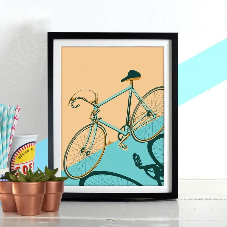 Bicycle Wall Art Print - Blue, Isometric Design