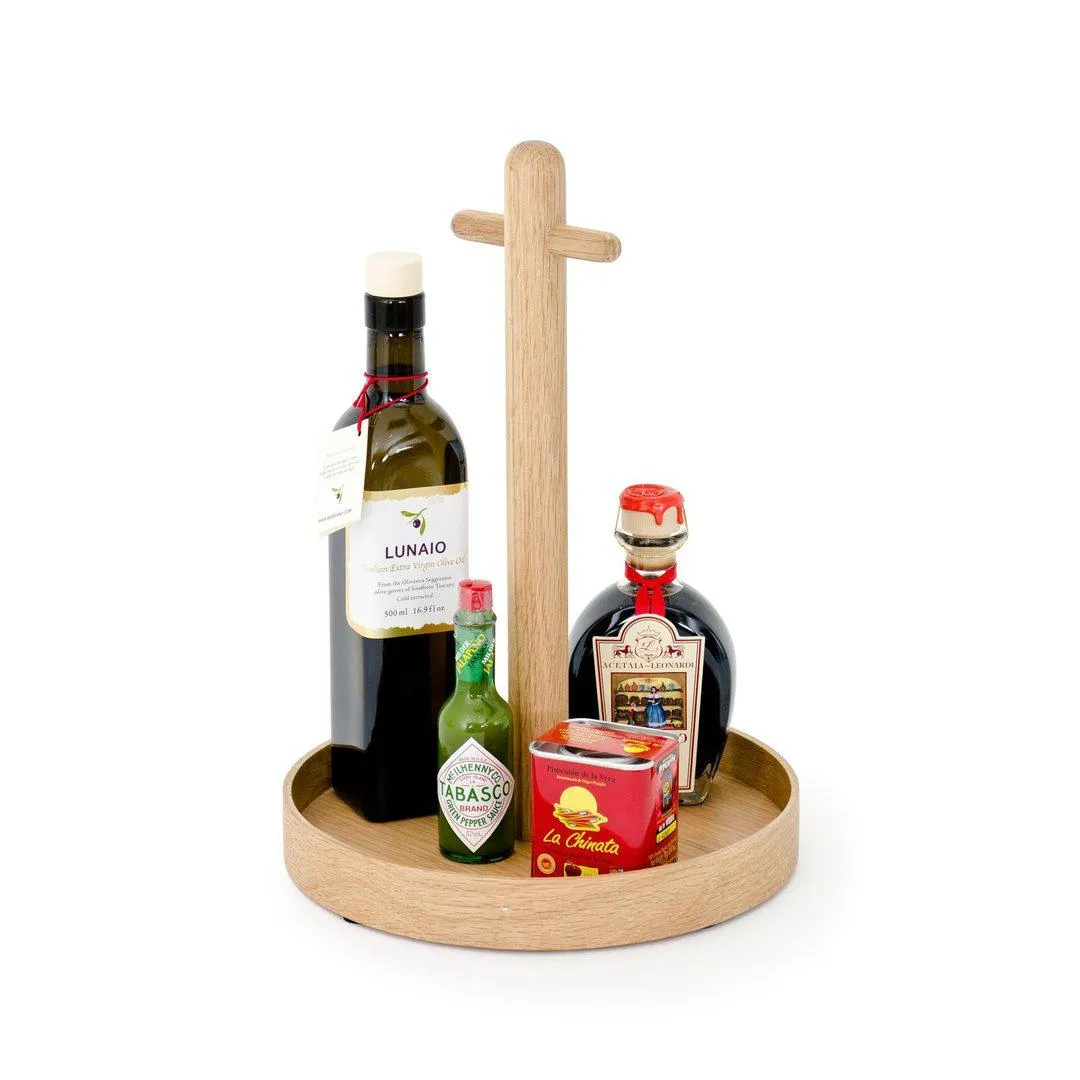 Condiment Tray with Storage - Oak Wood