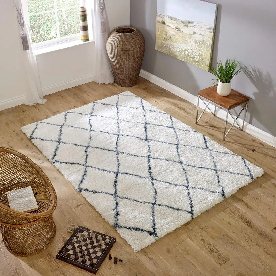 Deep Pile Rug Diamond Pattern - Cream, Blue