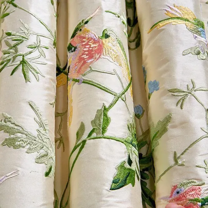 Embroidered Fabric with Birds - Multi, Silk