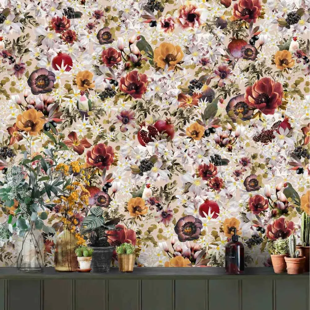Fruits Blossom Wallpaper Roll - Powder Dove