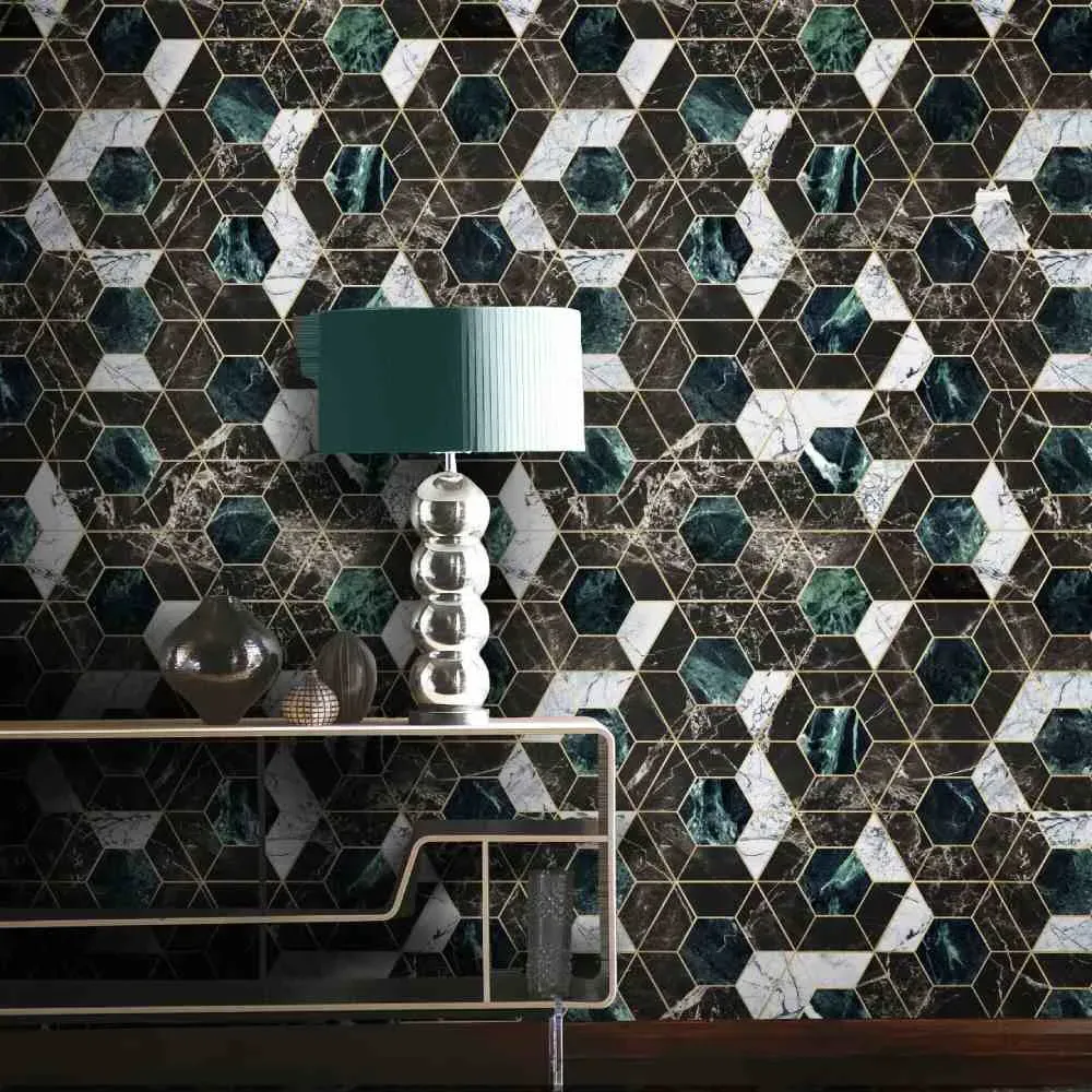 Hexa Geometric Wallpaper - Jade, Metallic