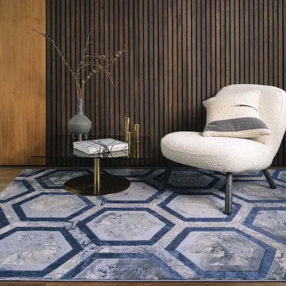 Hexagon Area Rug High Shine - Blue, Marble Effect