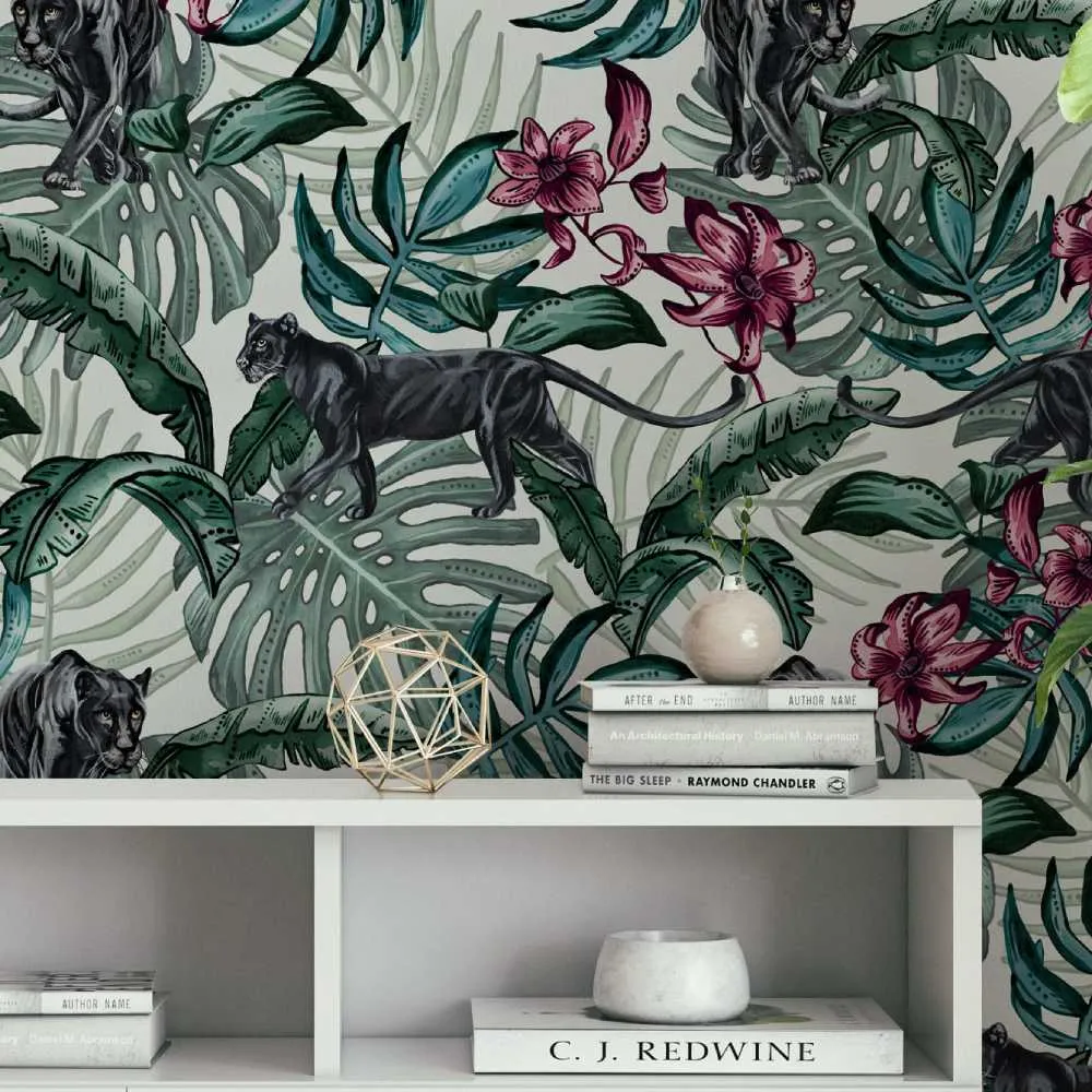 Jungle Panther Wallpaper Roll - Cream Background image