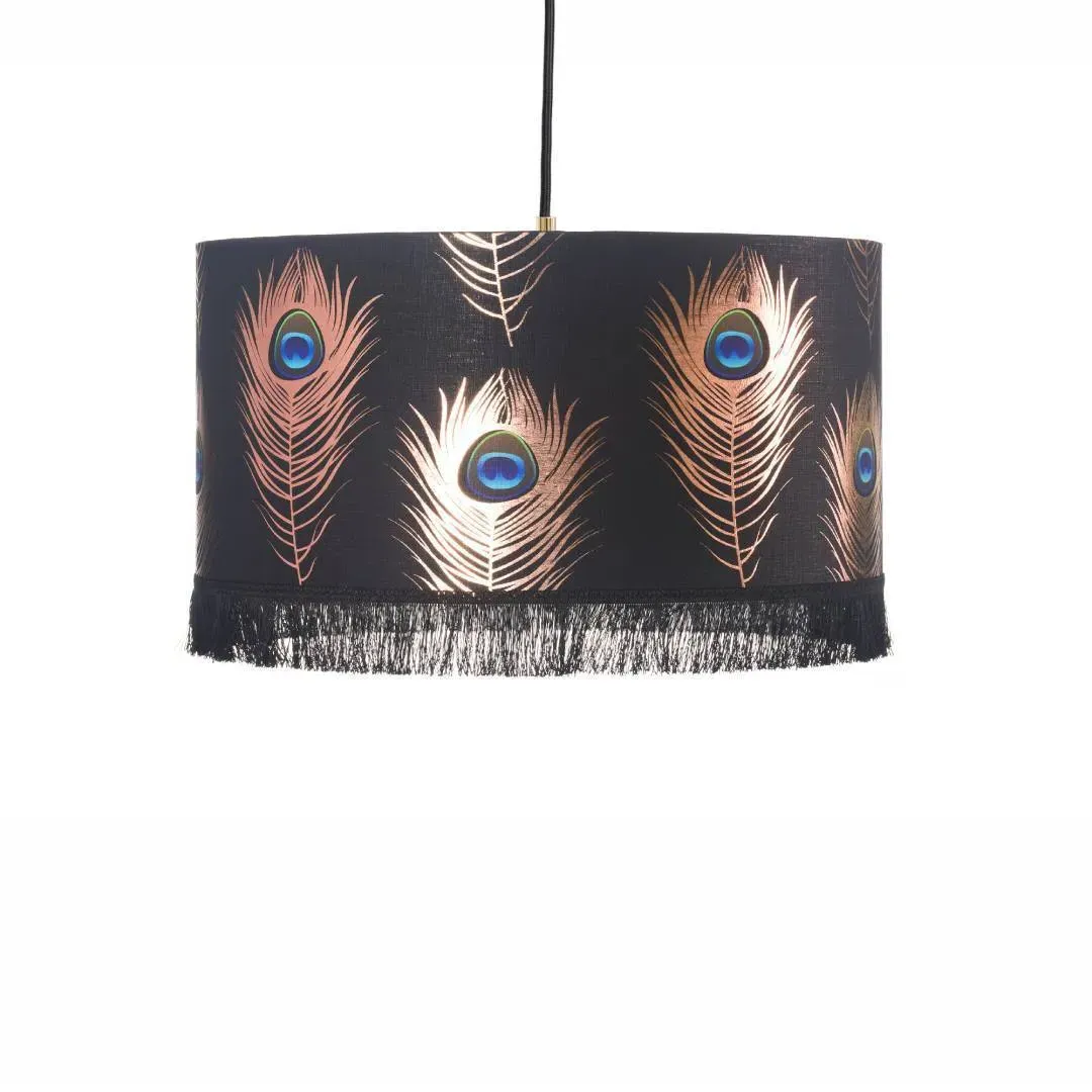 Large Drum Pendant Lamp - Peacock Feathers, Linen