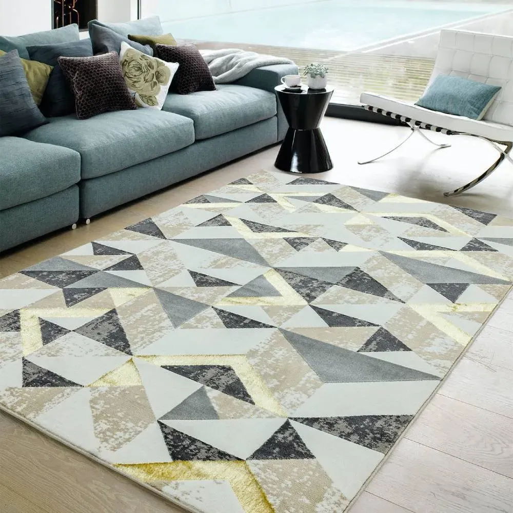 Large Geometric Rug with Metallic Print - Grey