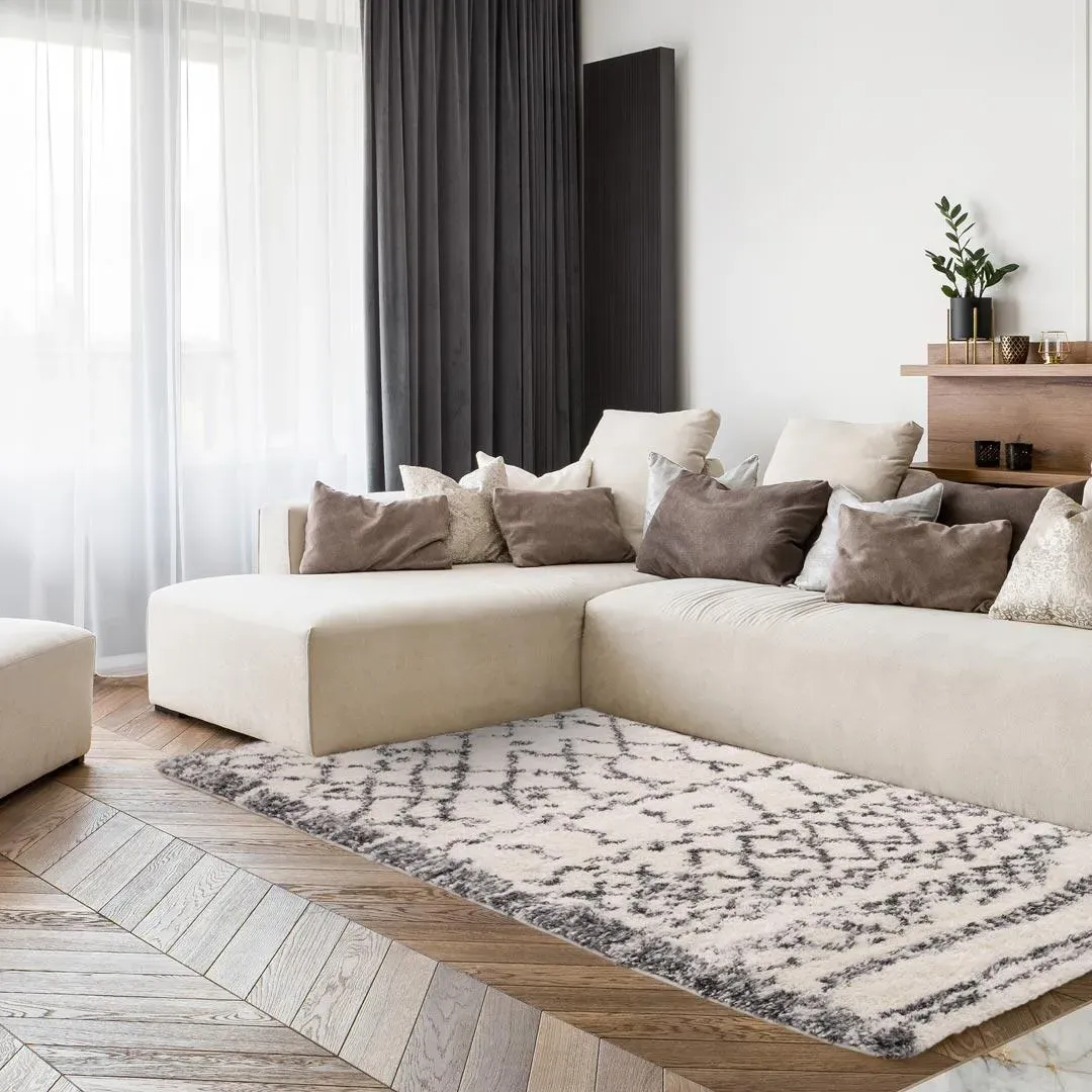 Large Moroccan Rug Deep Pile - Cream, Grey