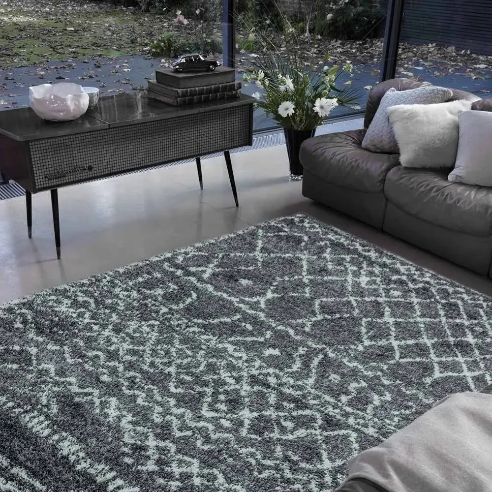 Medium Moroccan Rug Deep Pile - Grey, Cream