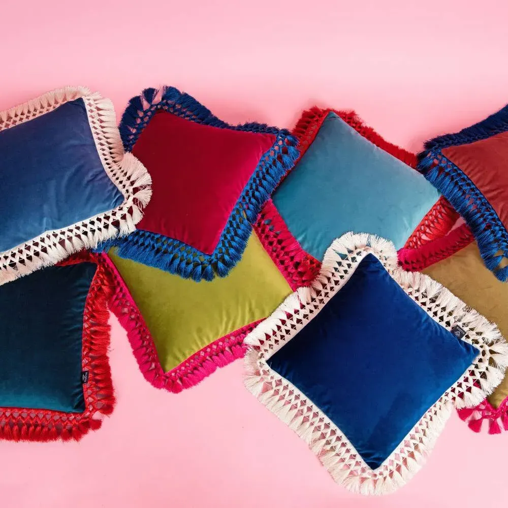 Oriental Cushion with Tassels - Blue, Velvet