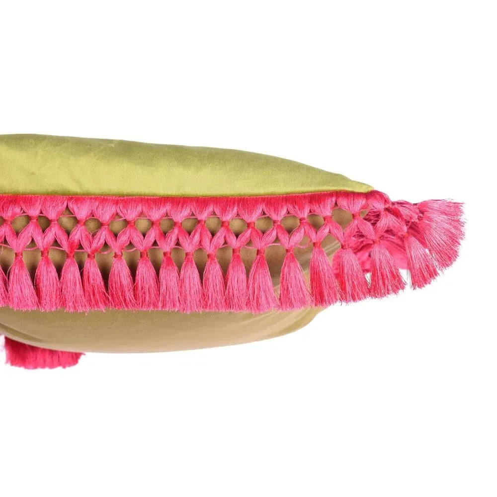 Oriental Cushion with Tassels - Green, Velvet