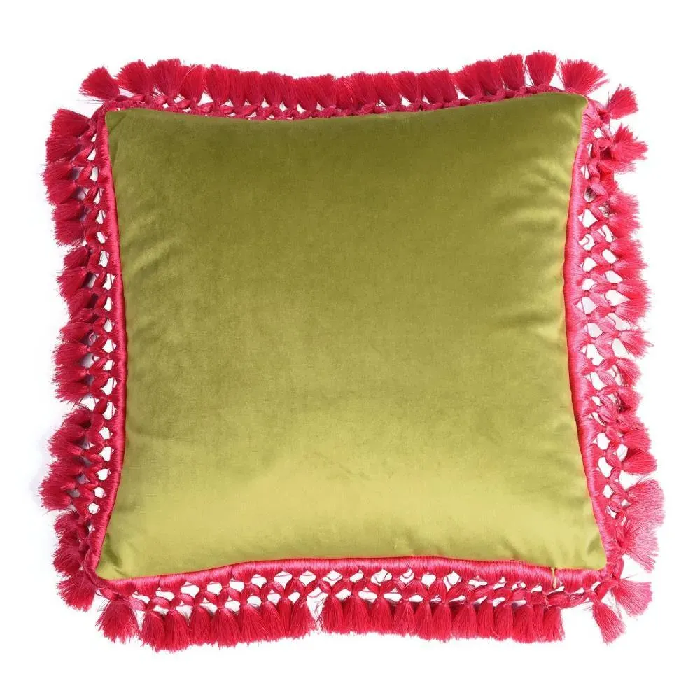 Oriental Cushion with Tassels - Green, Velvet