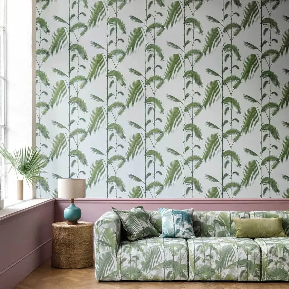 Palm Leaves Wallpaper Roll - Green on Sea Foam