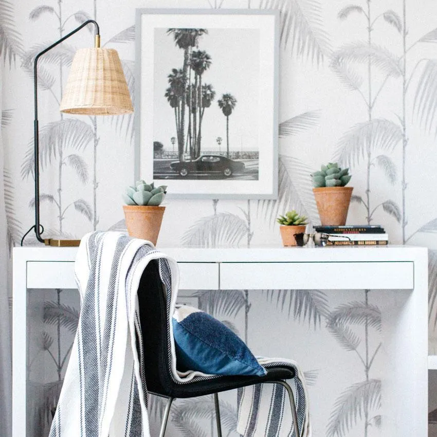 Palm Leaves Wallpaper Roll - Soft Grey, Paper