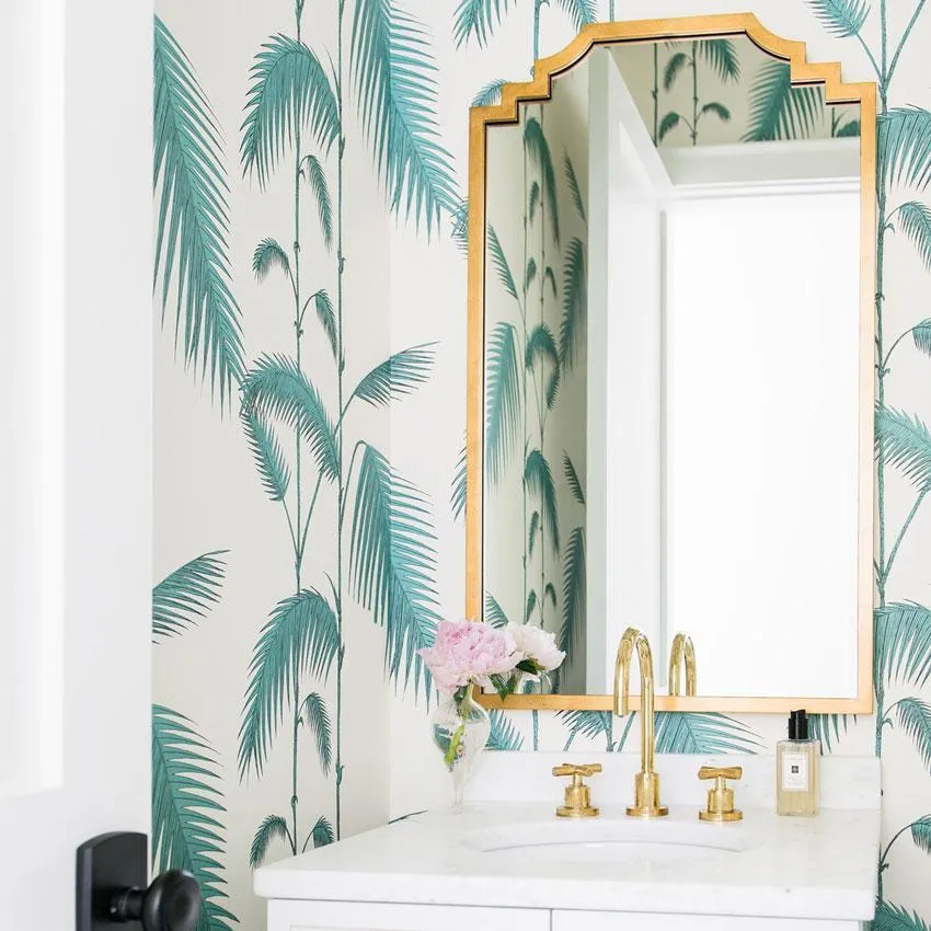 Palm Leaves Wallpaper Roll - Teal on White