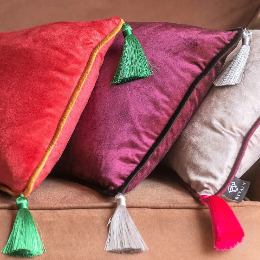 Rectangular Cushion with Tassels - Purple, Velvet