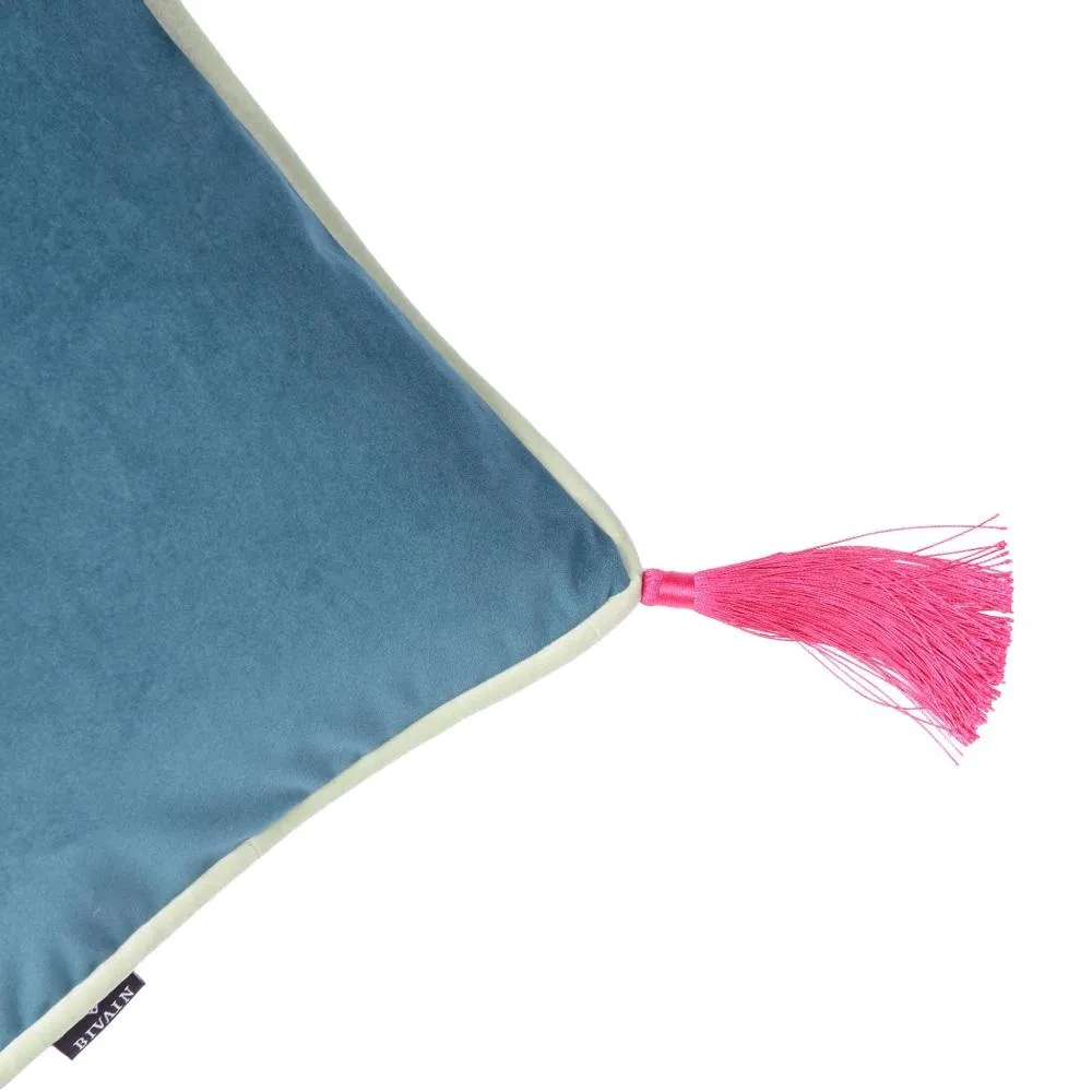 Rectangular Cushion with Tassels - Teal, Velvet