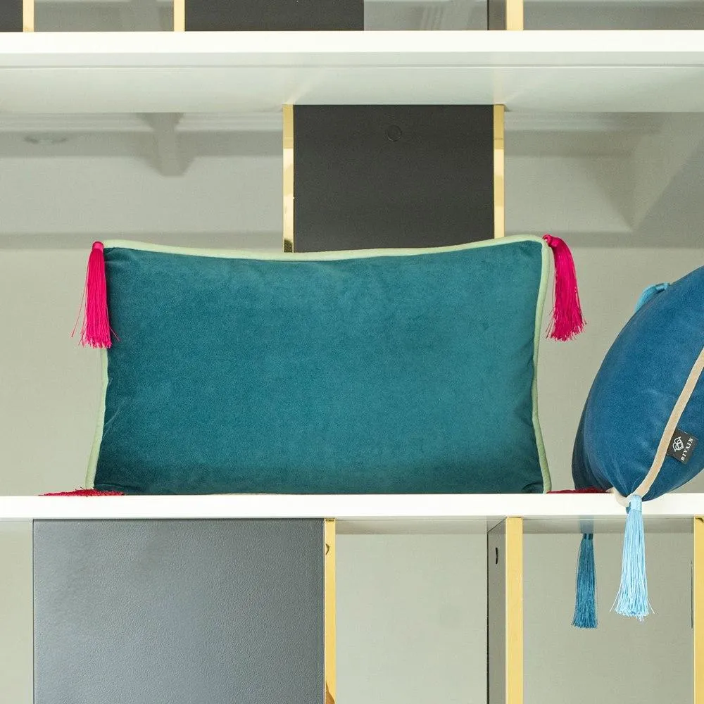 Rectangular Cushion with Tassels - Teal, Velvet