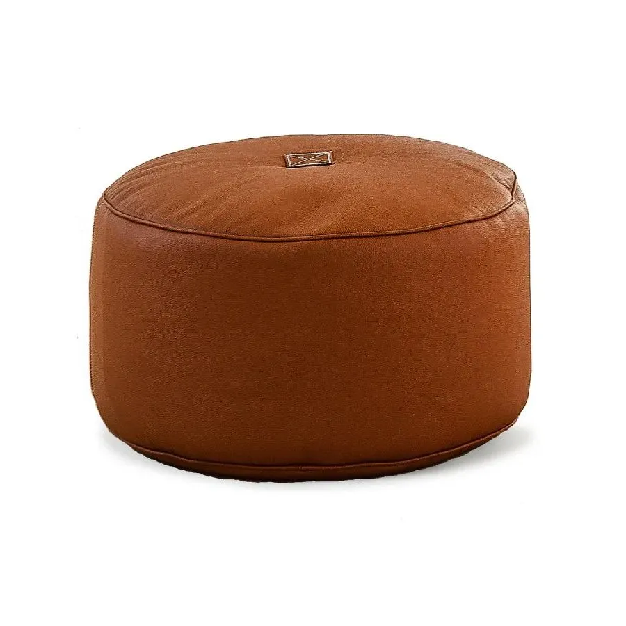 Round Leather Pouf - Cognac