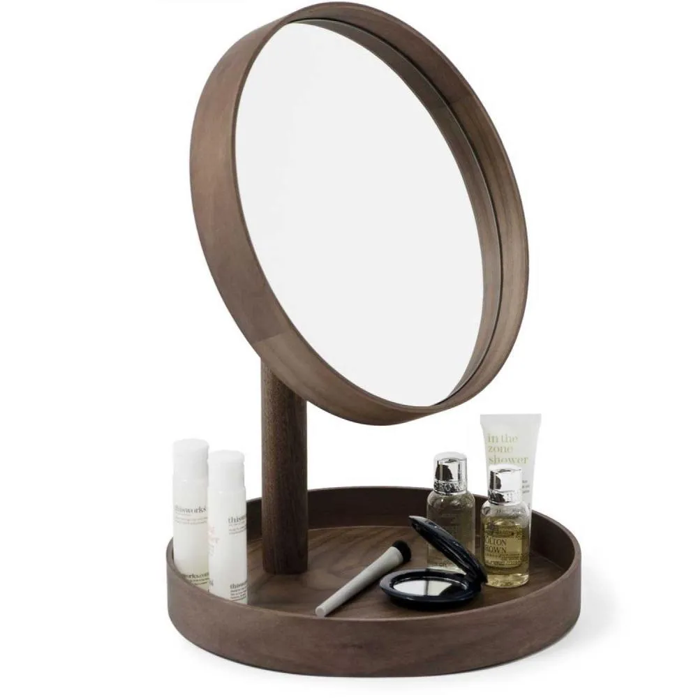 Round Magnify Mirror - Walnut Wood