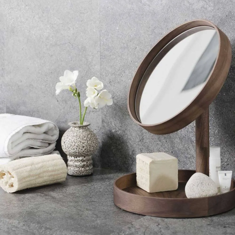 Round Magnify Mirror - Walnut Wood