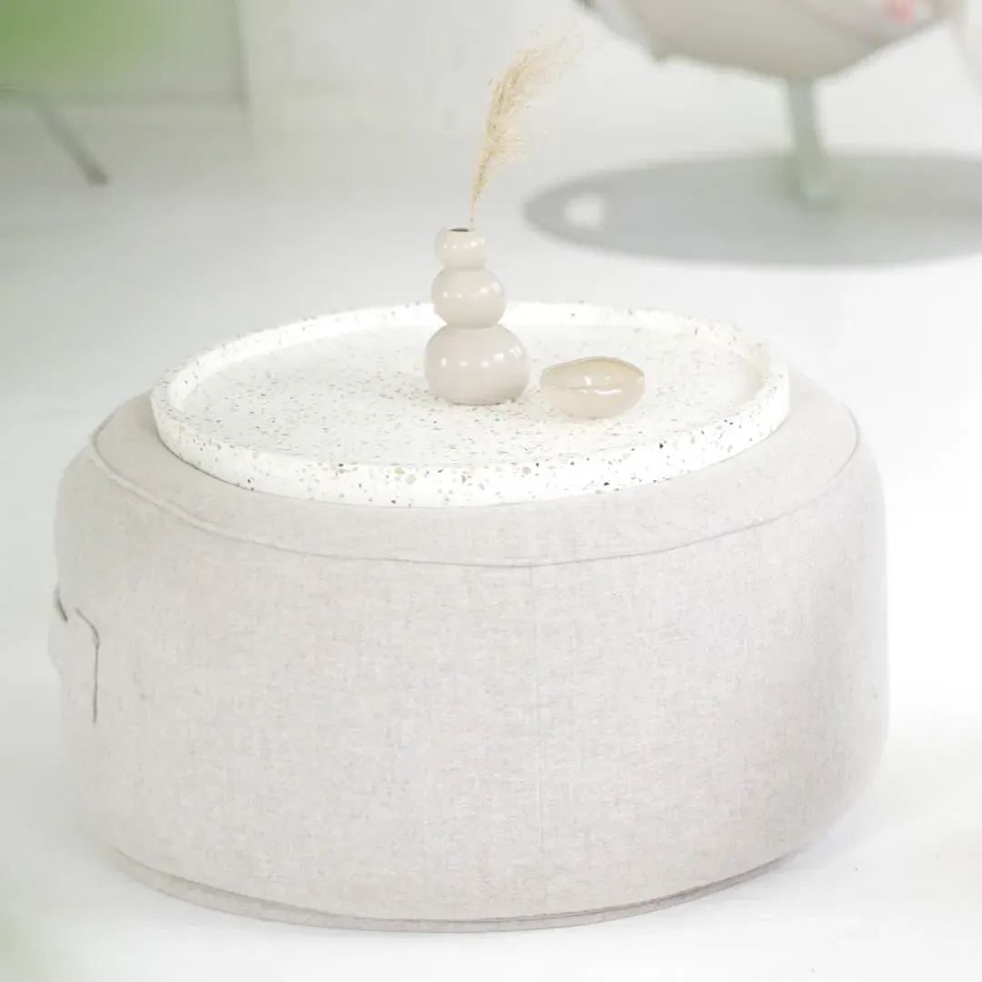 Round Pouf Ottoman - Beige, Wool