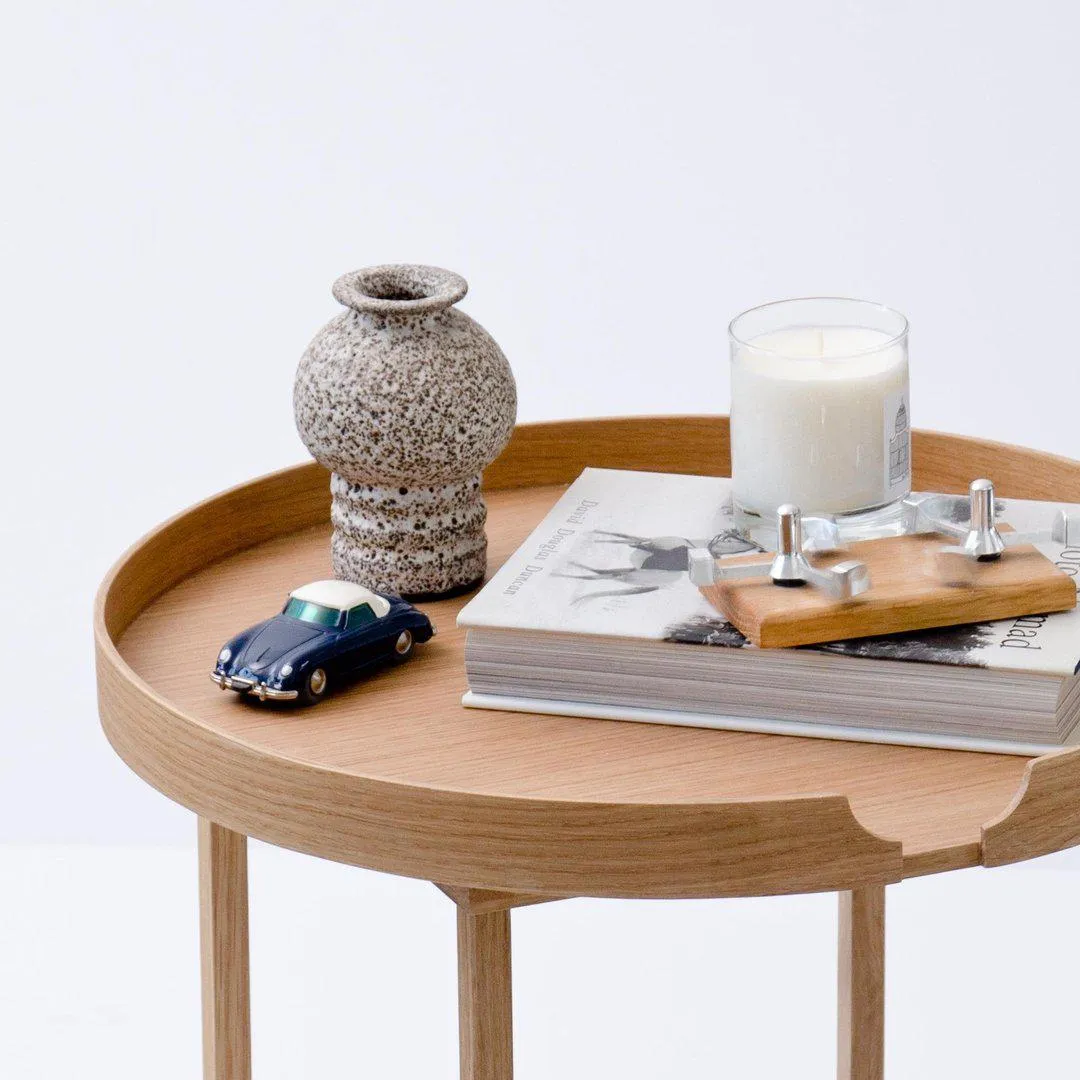 Round Tray Table with Cable Slot - Natural Oak