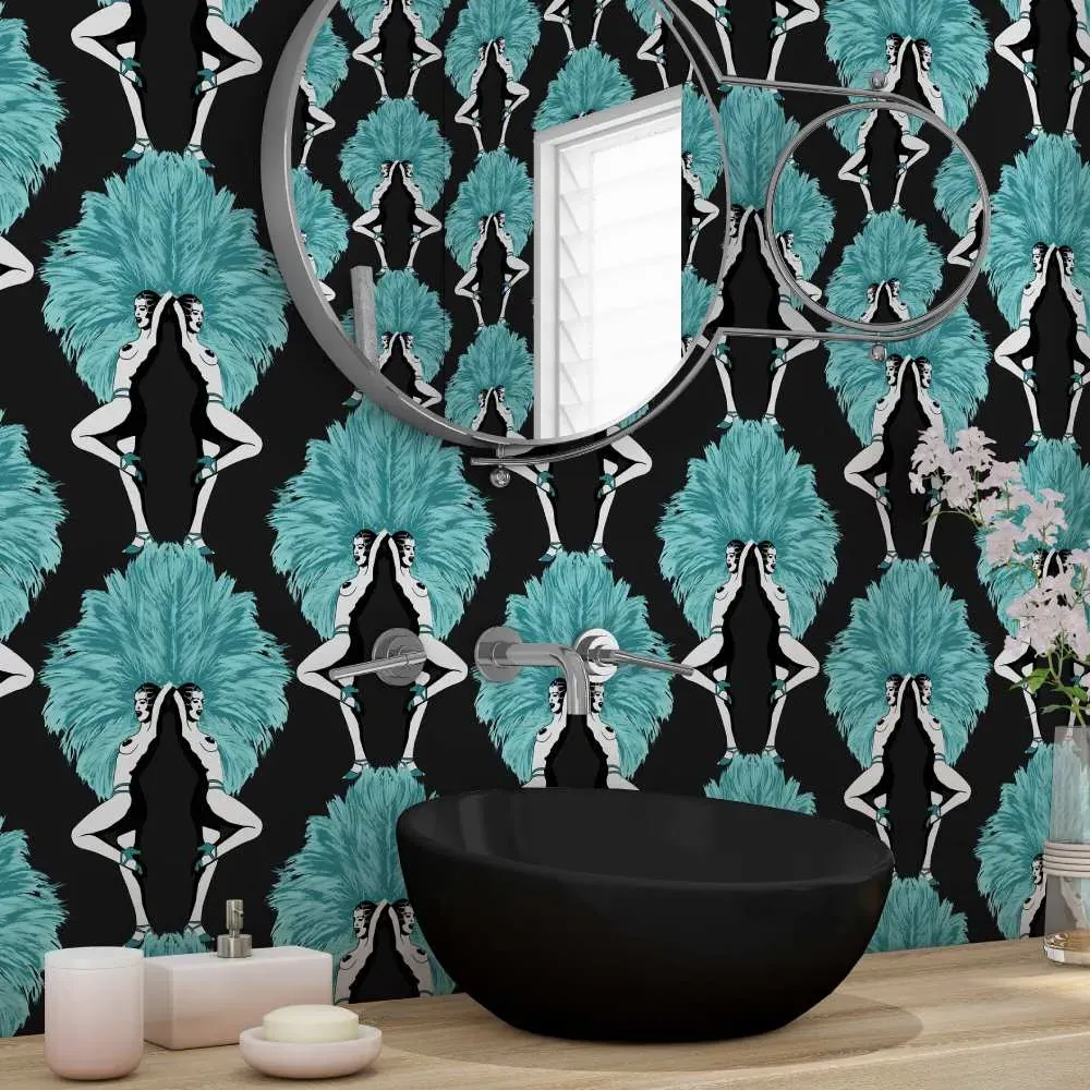 Showgirls Wallpaper Roll - Teal, Metallic