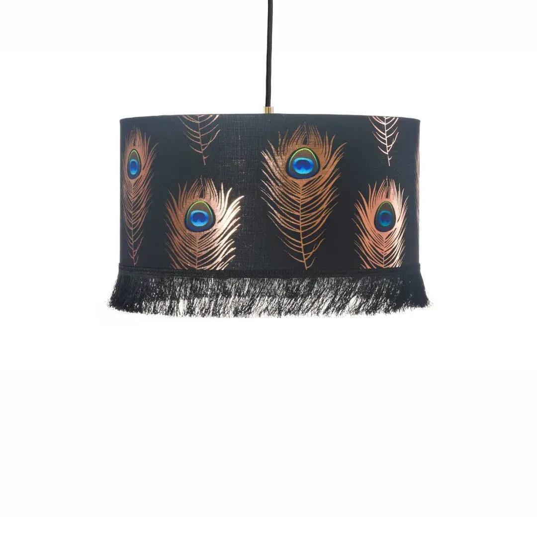 Small Drum Pendant Lamp - Peacock Feathers, Linen image