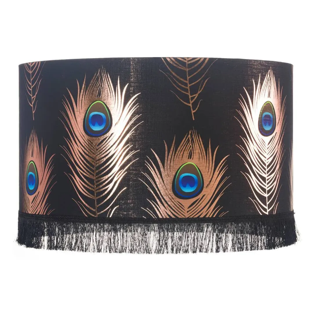 Small Drum Pendant Shade - Peacock Feathers, Linen image
