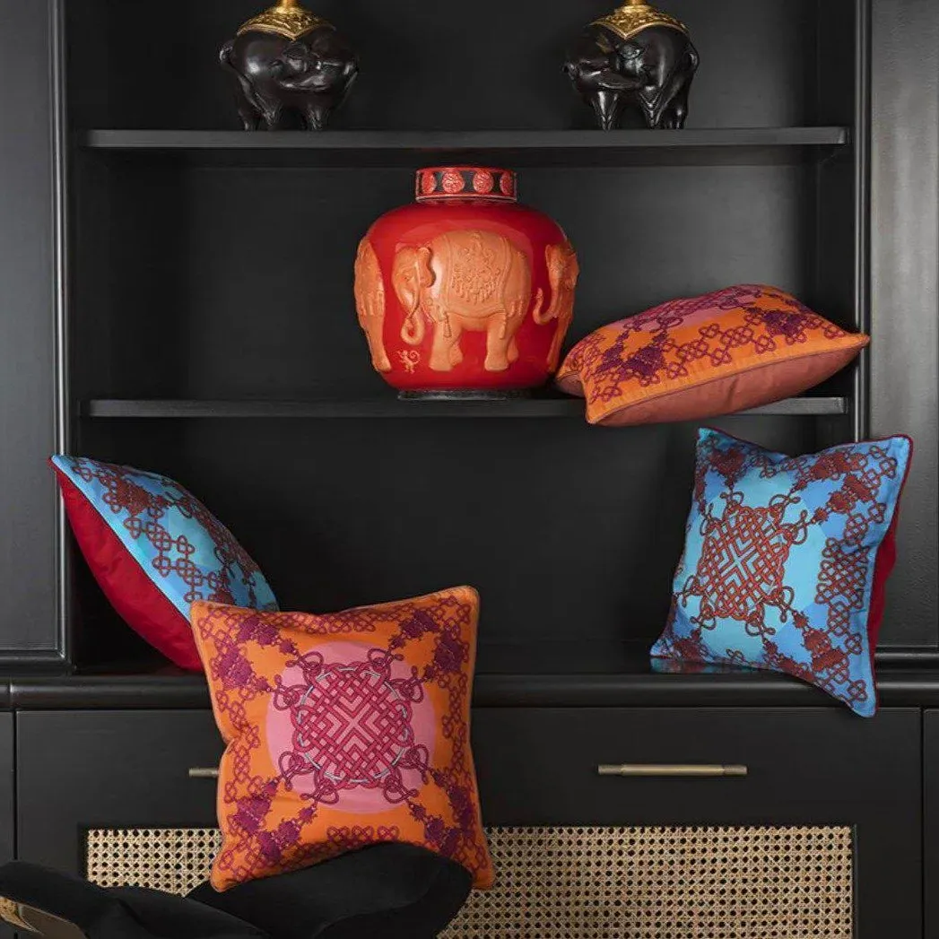 Square Cushion Chinese Knot Print - Red, Silk