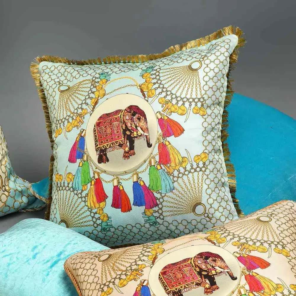 Square Cushion with Elephant Design - Blue, Silk