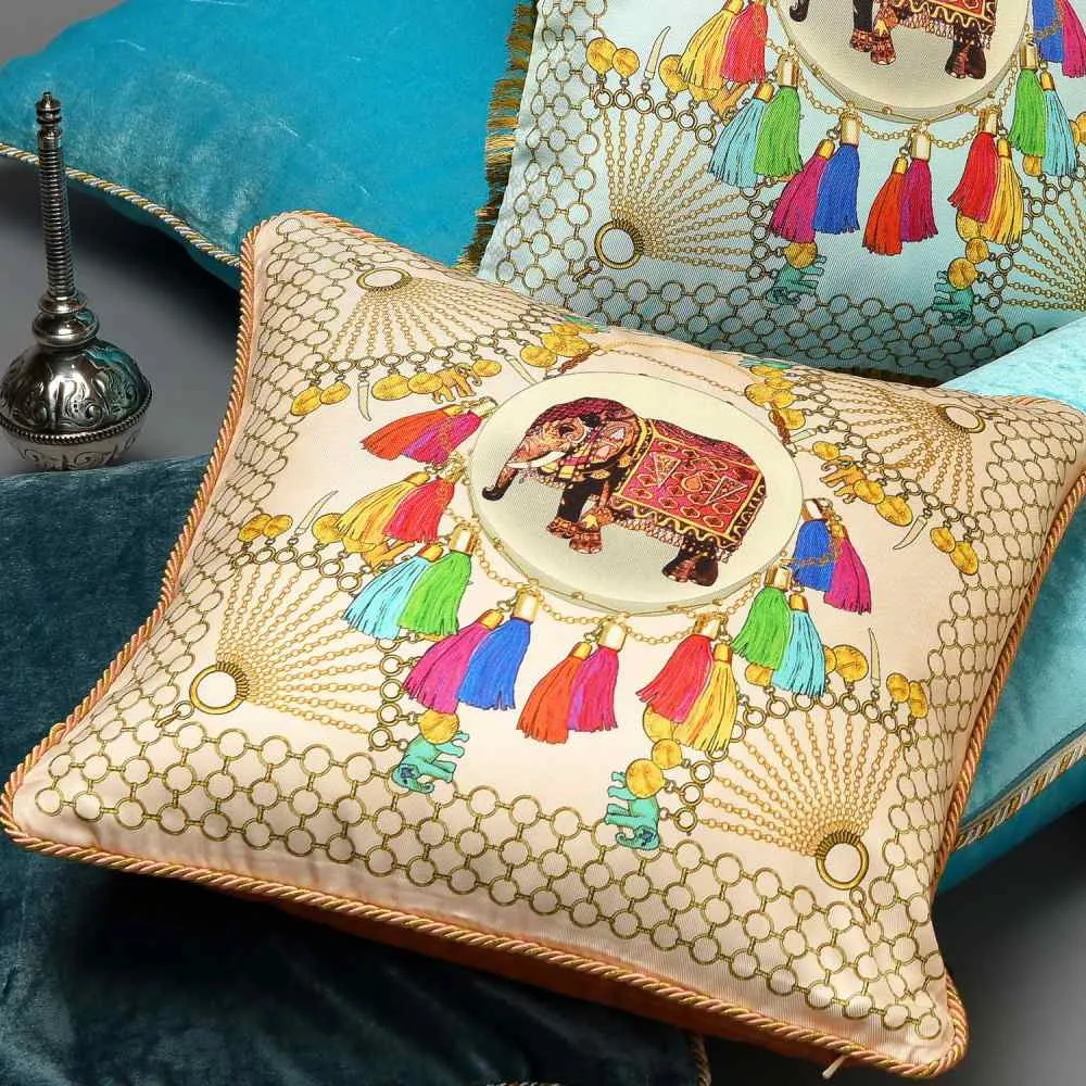Square Cushion with Elephant Design - Blue, Silk