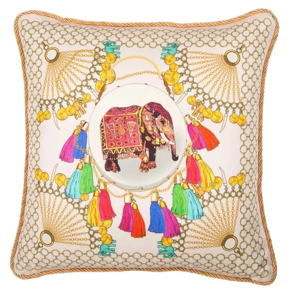 Square Cushion with Elephant Design - Blue, Silk