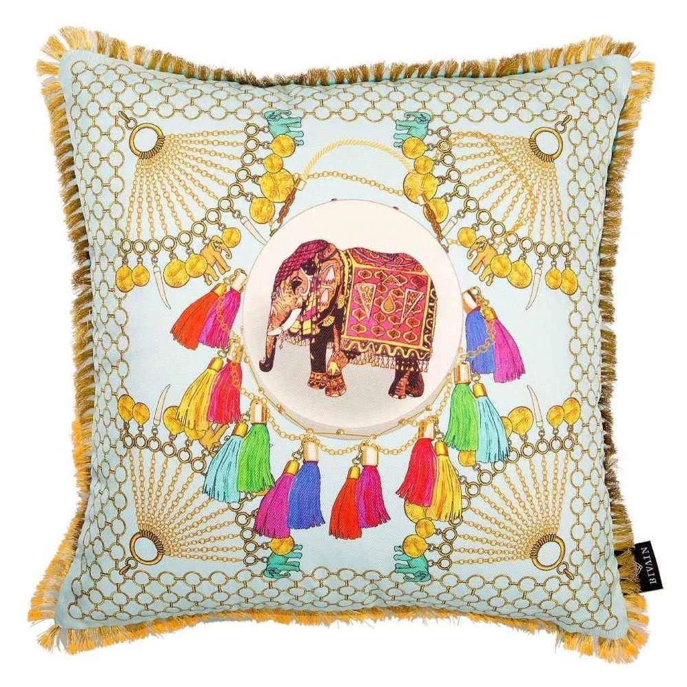 Square Cushion with Elephant Design - Blue, Silk image