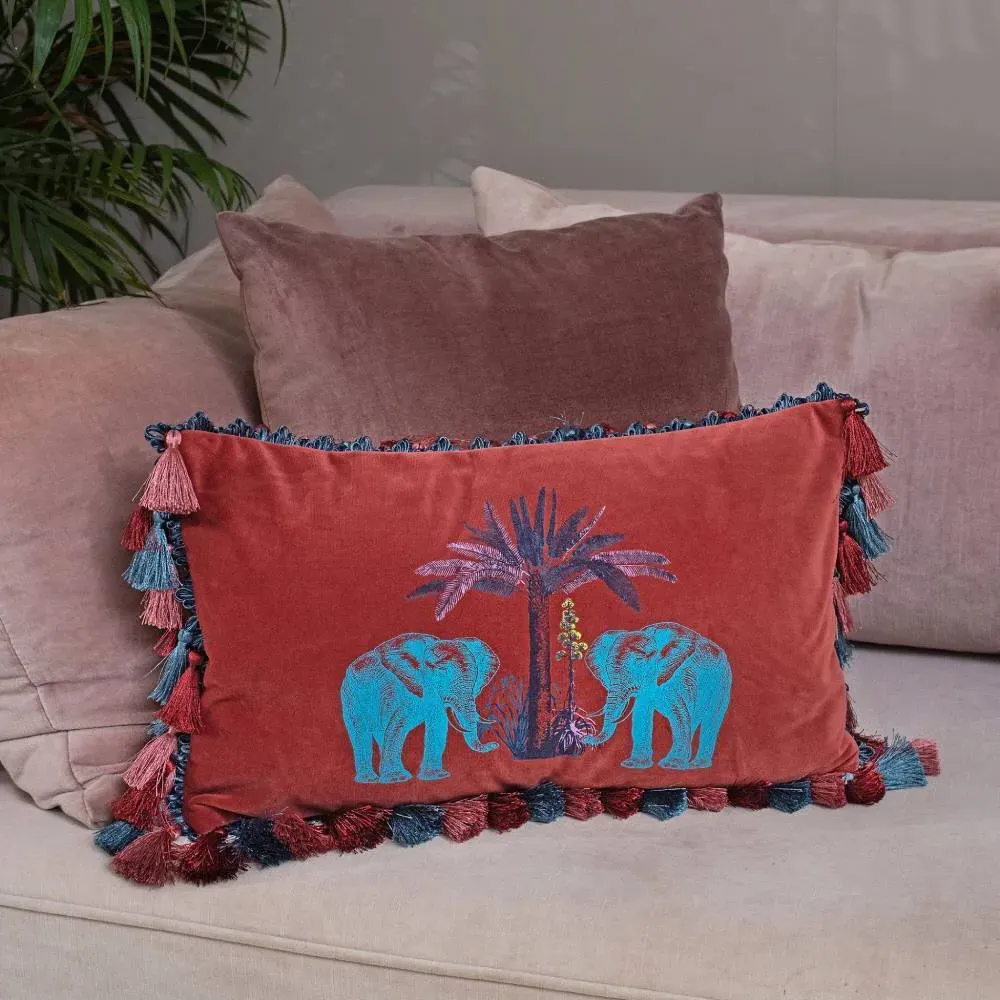 Square Cushion with Elephant Print - Coral, Velvet