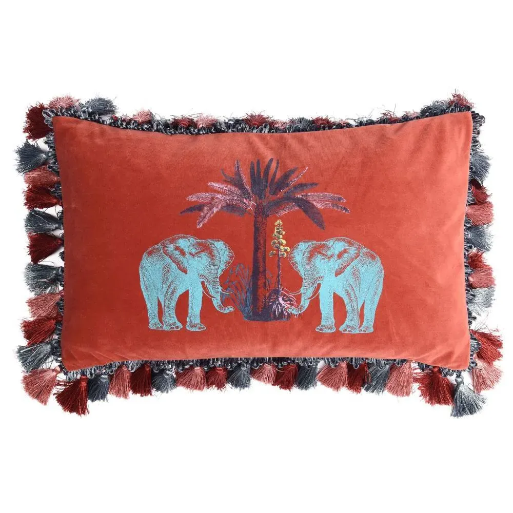 Square Cushion with Elephant Print - Coral, Velvet image