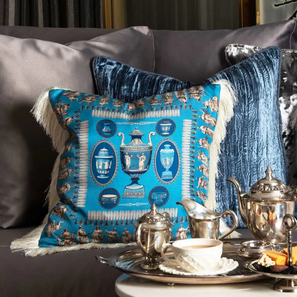 Square Cushion with Fringe - Blue, Silk Twill