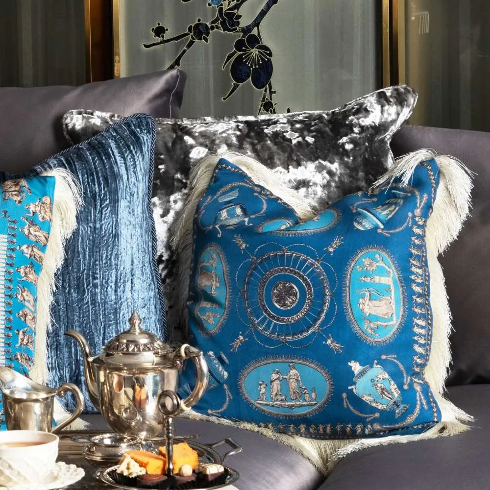 Square Cushion with Fringe - Blue, Silk Twill
