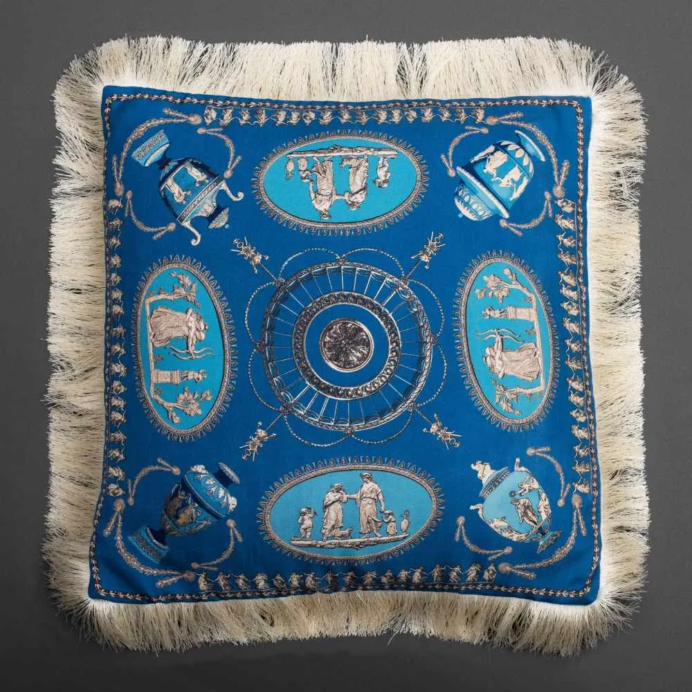 Square Cushion with Fringe - Blue, Silk Twill