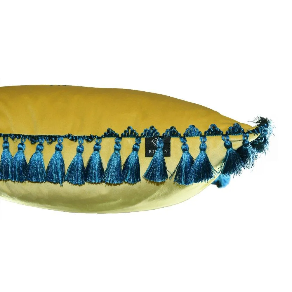 Square Cushion with Tassels - Lime Yellow, Velvet