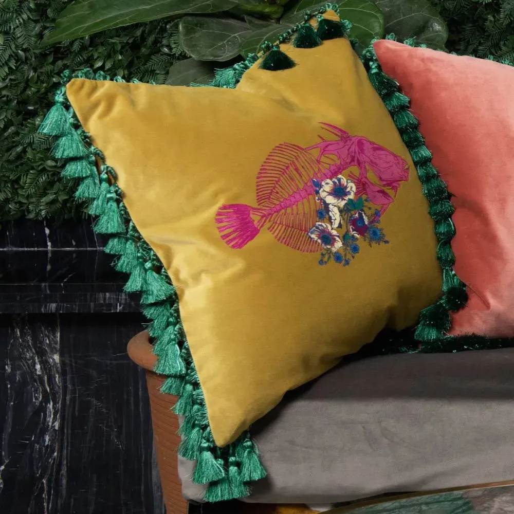 Square Cushion with Tassels - Yellow, Velvet
