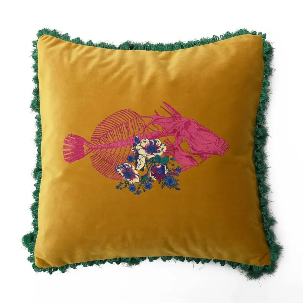 Square Cushion with Tassels - Yellow, Velvet