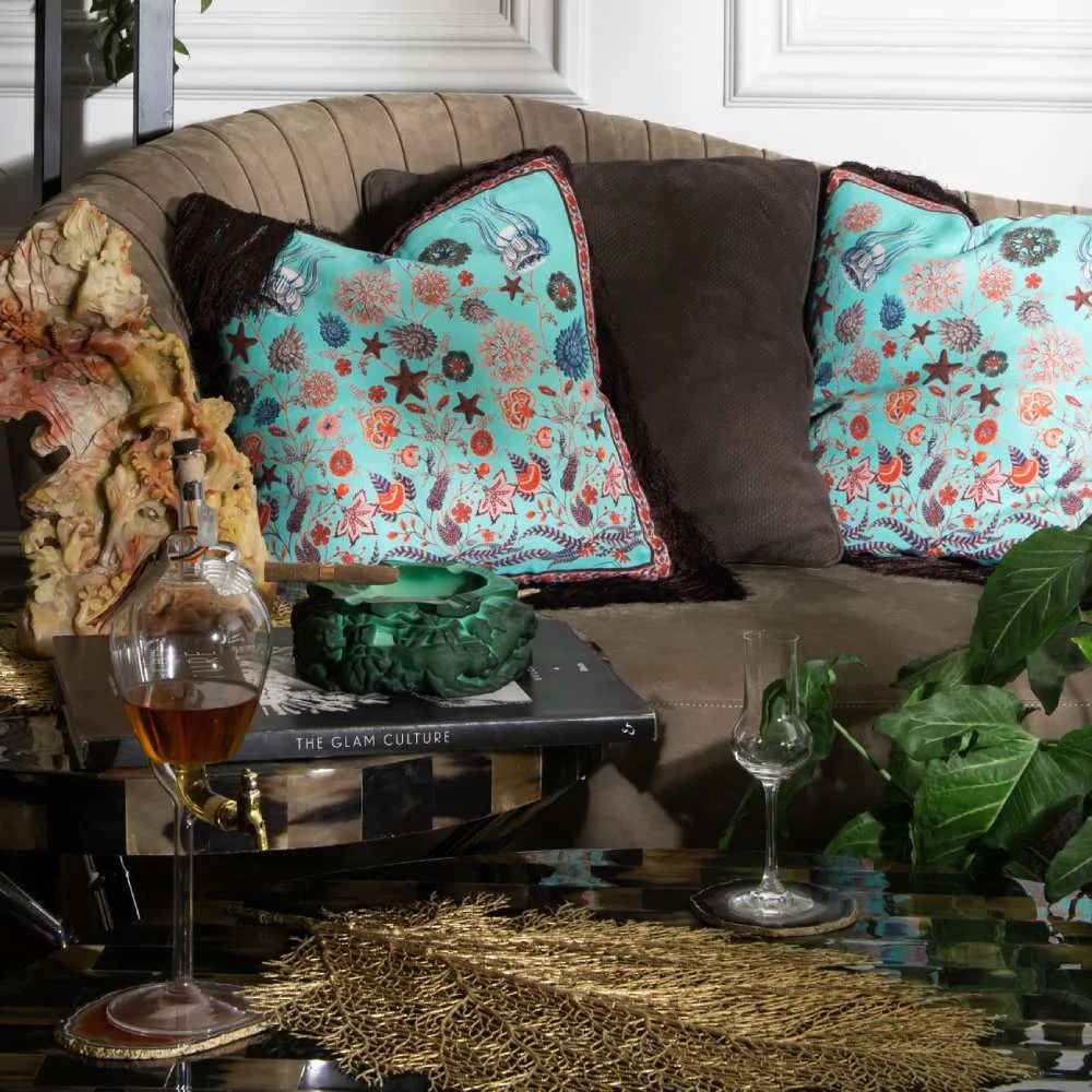 Square Fringed Cushion - Aqua, Silk Twill