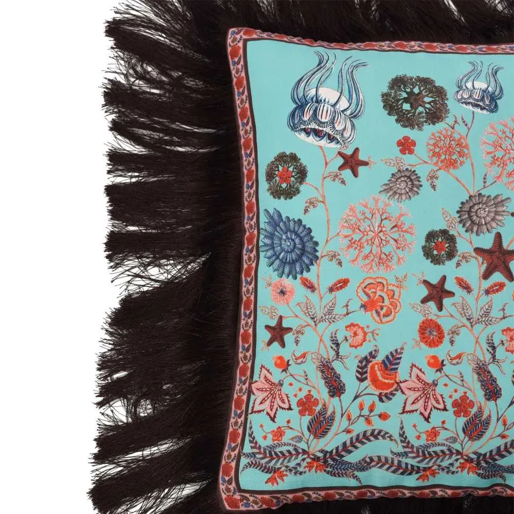 Square Fringed Cushion - Aqua, Silk Twill