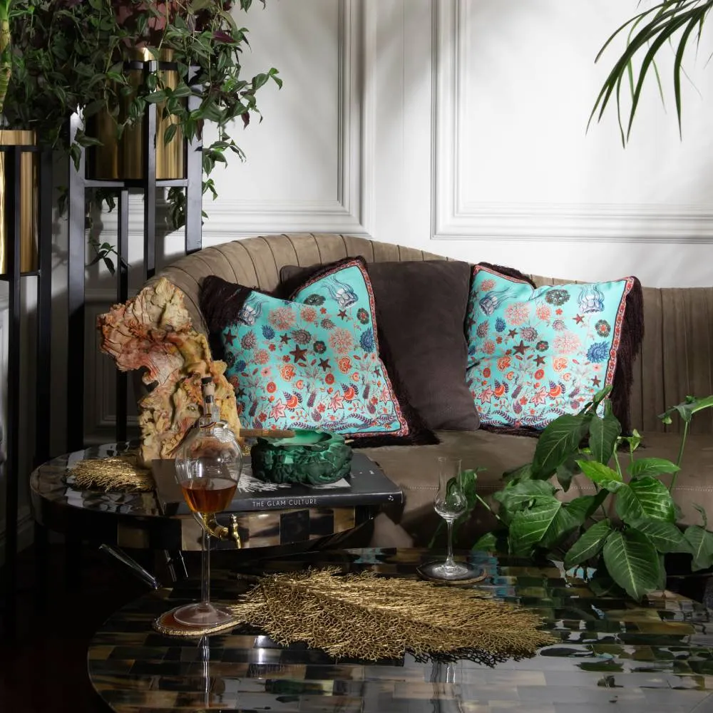 Square Fringed Cushion - Aqua, Silk Twill