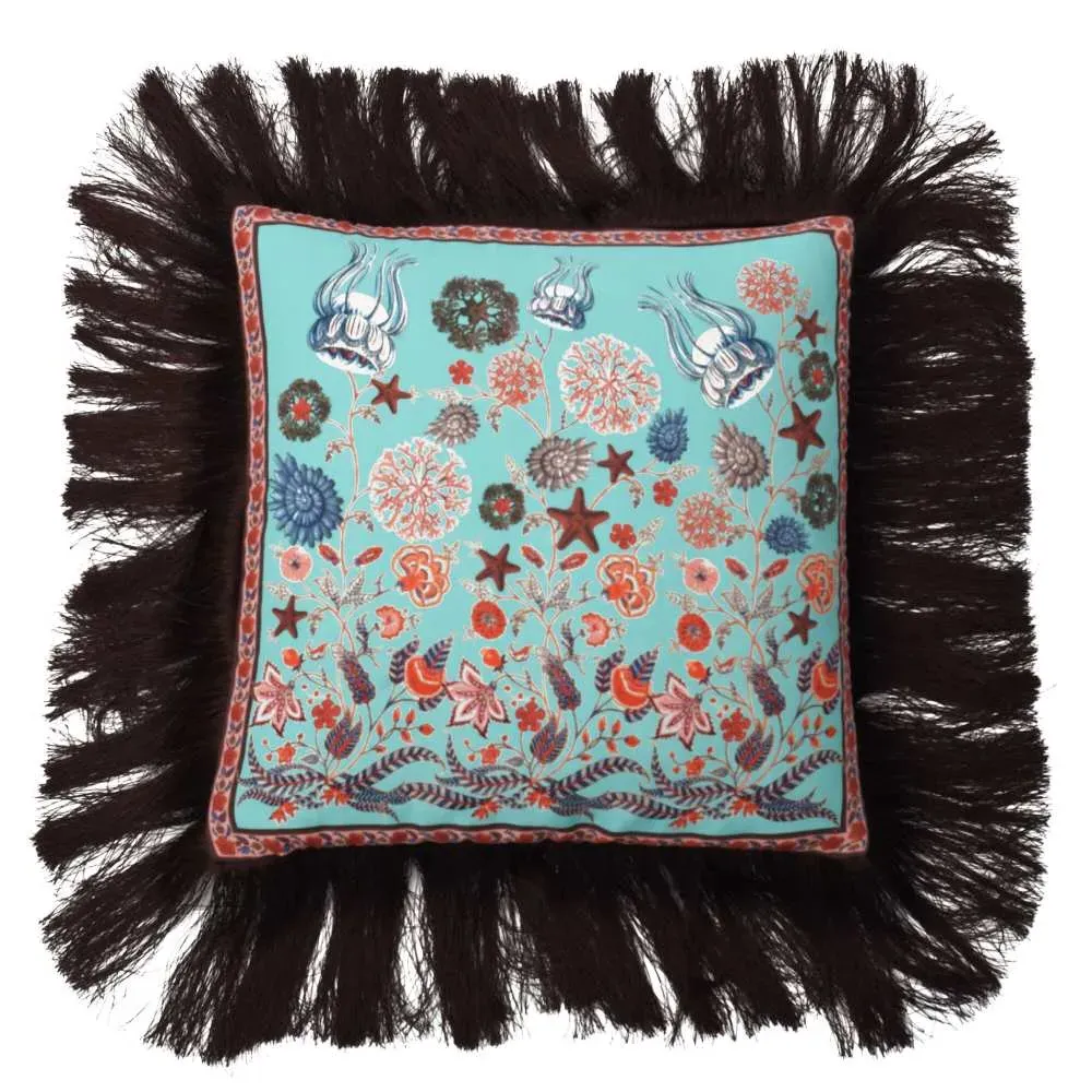 Square Fringed Cushion - Aqua, Silk Twill image