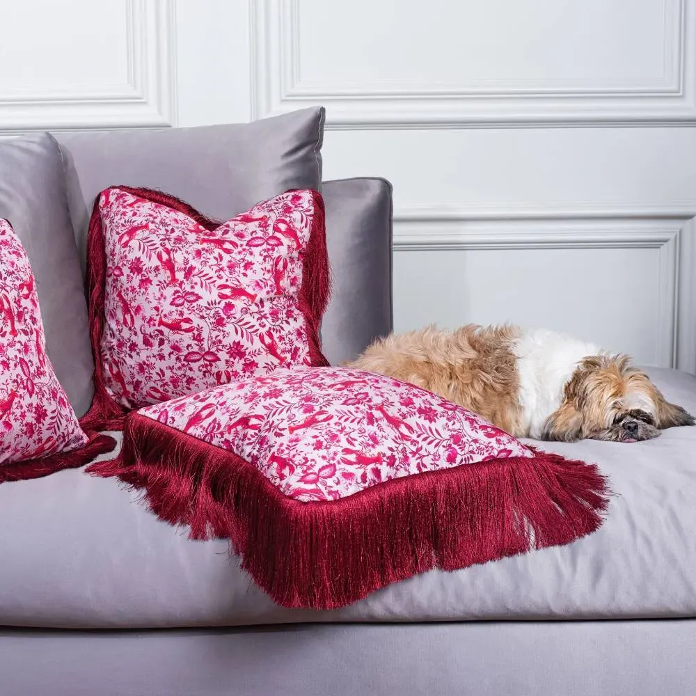Square Fringed Cushion - Pink, Silk Twill
