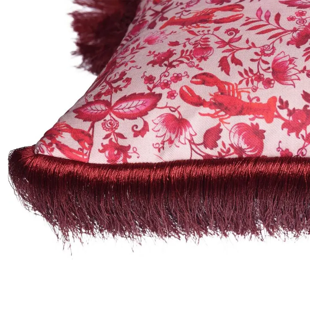 Square Fringed Cushion - Pink, Silk Twill