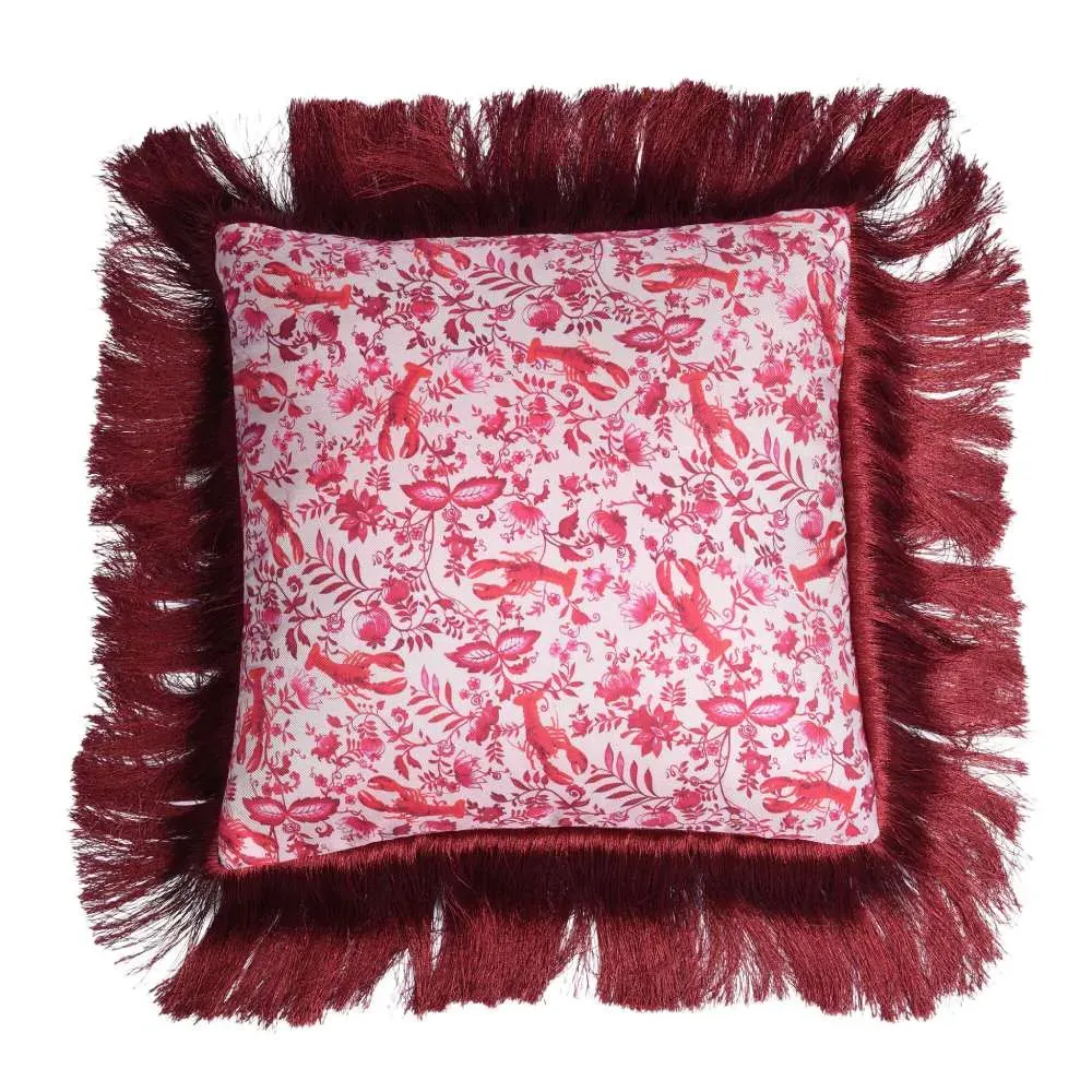 Square Fringed Cushion - Pink, Silk Twill