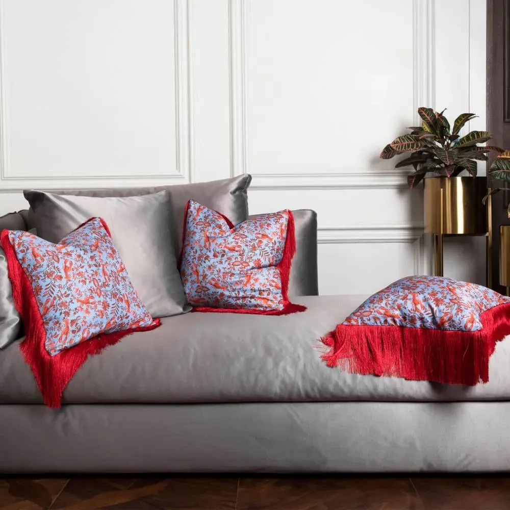 Square Fringed Cushion - Red, Silk Twill